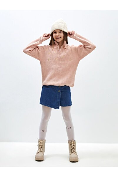 LC Waikiki LCW Kids Yarım Balıkçı Yaka Nakışlı Uzun Kollu Kız Çocuk Triko Kazak