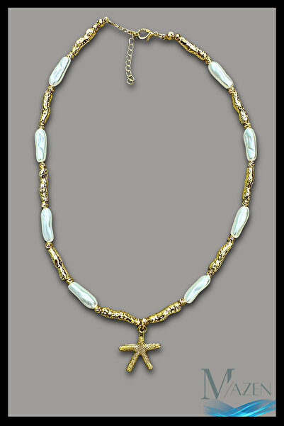 MAZEN Deniz Temalı Charm Kolye | İnci Detaylı | Altın Renk Aksesuar | Kadın T...