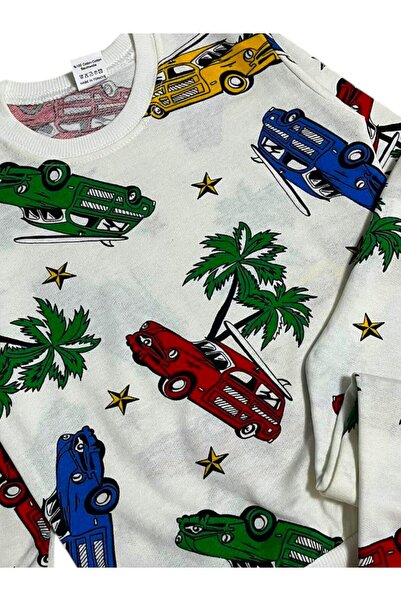 Fil Kids Erkek Çocuk Pamuklu Kumaş Beyaz Renk Tatil Araba Desenli Uzun Kollu Kışlık Pijama Takımı