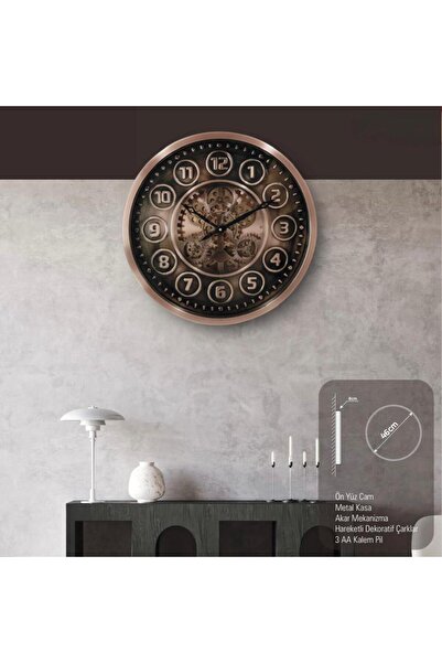 Home4U dekoratif metal kasa duvar saati ( hareketli dekoratif çarklar ) ( akar mekanizma ) ( ön yüz cam)