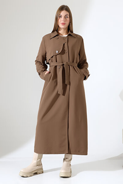 B.HE.Z Amazon Linen Fabric Long Length Buttoned Lined Soft Textured Trench Jeans Milk Coffee