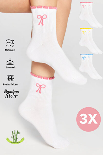 bamboo star جوارب نسائية من الخيزران مزينة بالكشكشة ونمط فيونكة للتنس، جوارب ...