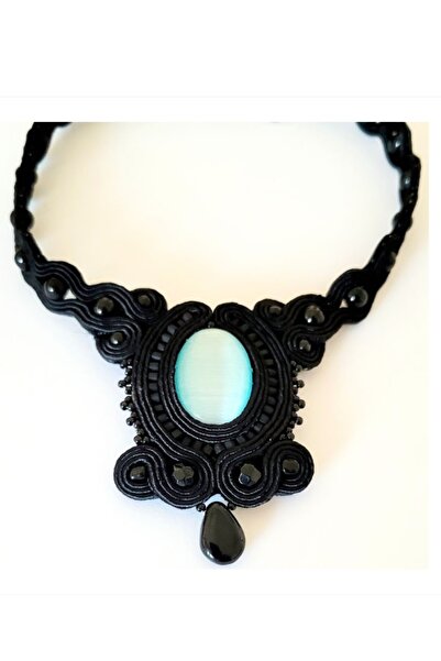 Eurozone Colier soutache negru, Eurozone, cu piatra ovala SkyBlue