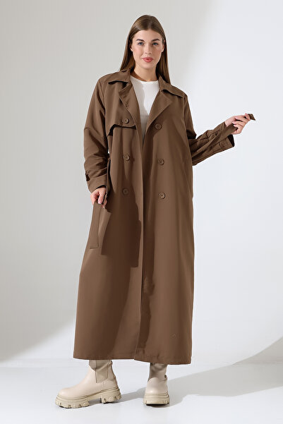 B.HE.Z Amazon Linen Fabric Long Length Buttoned Lined Soft Textured Trench Jeans Milk Coffee