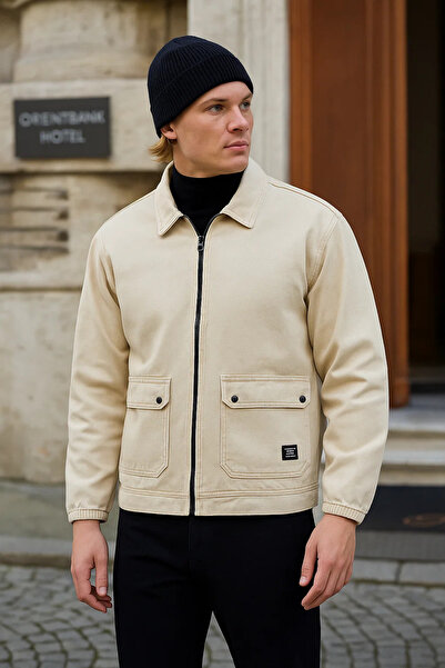 DAMGA JEANS Men's Zippered Basic Pocketed Cream Loose Denim Jacket