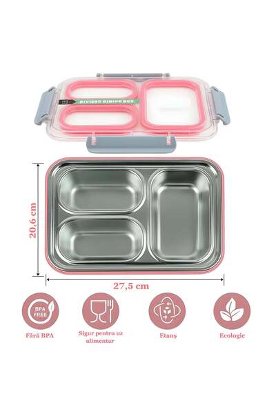 Köken Lunch Box, Stainless Steel, Children's School Casserole with 3 Compartments, 27.5 x 20.6 cm, Pink