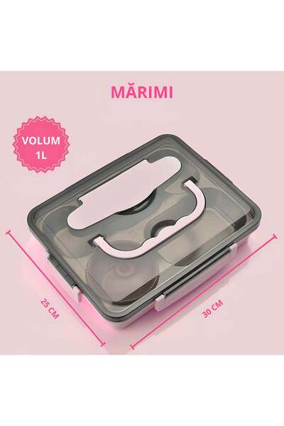 Köken Lunch box 5 compartments school children's casserole, sealed, thermal, 1L, Cutlery, 25x30cm, Pink