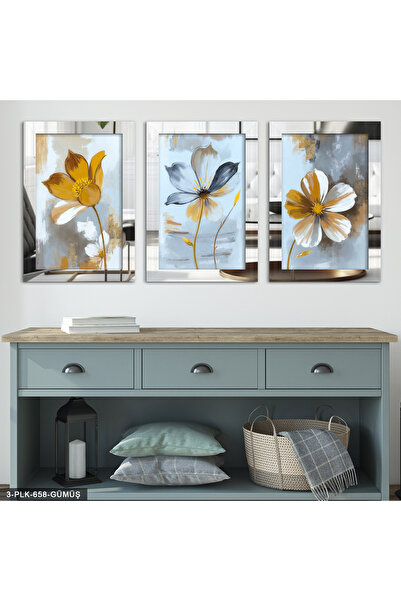 Evinemoda Yağlı Boya Görünümlü Çiçek 3 Parça Gümüş Pleksi Aynalı Tablo