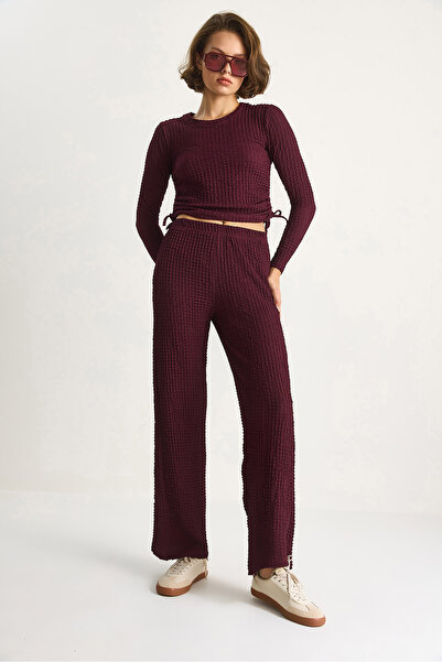 Bianco Lucci Kadın Yanları Bağlamalı Crop Beli Lastikli Yüksek Bel Pantolonlu Bürümcük Alt-Üst Takım 60284110