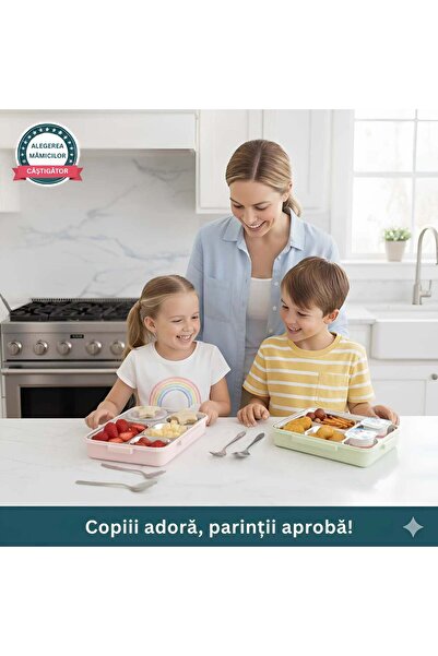 Köken Lunch box 5 compartments school children's casserole, sealed, thermal, 1L, Cutlery, 25x30cm, Pink