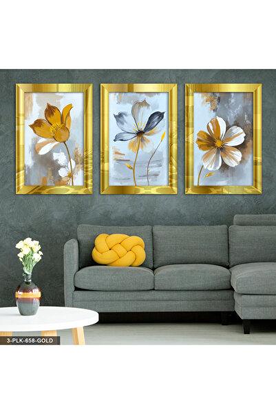 Evinemoda Ελαιογραφία με εμφάνιση λουλουδιών 3 τεμαχίων χρυσός πλεξιγκλάς καθ...