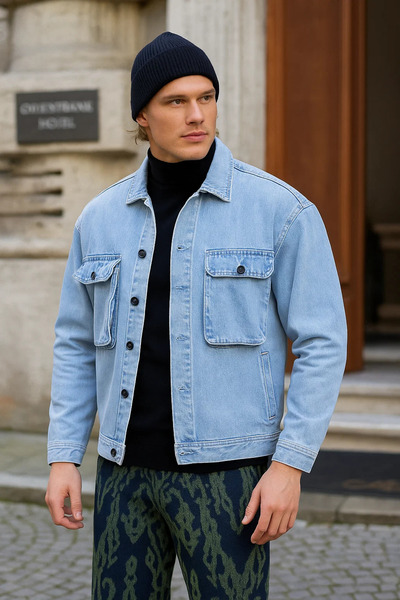 DAMGA JEANS Erkek Büyük Göğüs Cepli Oversize BMavi Kot Ceket
