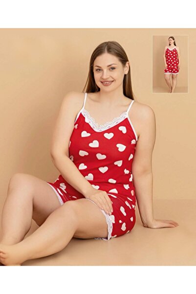 OMODAM Büyük Beden Dantel Detaylı Desenli Askılı Şortlu Viskon Pijama Takımı