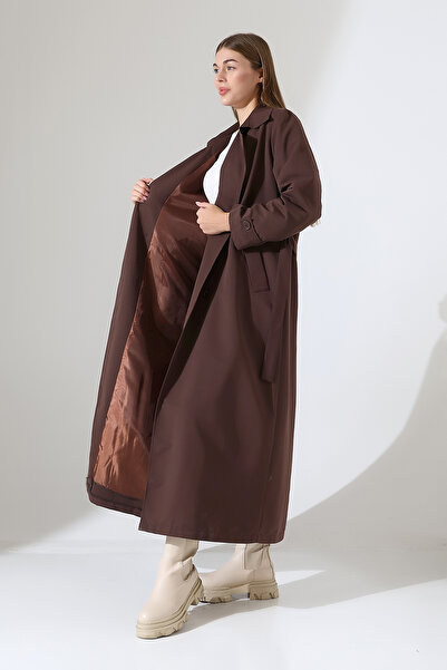 B.HE.Z Amazon Lněná látka Dlouhý střih Zapínání na knoflíky Podšitý Měkký texturovaný trenčkot Džíny Tmavě hnědá