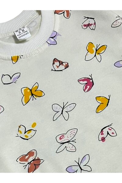 Fil Kids Girl's Cotton Fabric Ecru Colored Butterflies Patterned Long Sleeve Winter Pajama Set