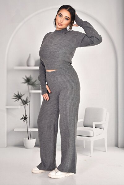 Nivora Style Half-Finger Knit Crop Sweater Pants Knitwear Top-And-Bottom Set