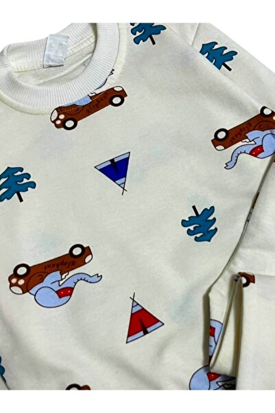 Fil Kids Boy's Cotton Fabric Ecru Elephant Car Patterned Long Sleeve Winter Pajama Set