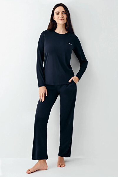 Pierre Cardin Kadın Pijama Takımı, %50 Pamuk & %50 Modal, Uzun Kollu, Bisiklet Yaka, Cepli, Lacivert