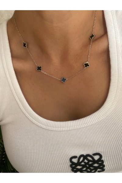 Byoz store Çelik mühürlü gümüş zincir siyah yonca model kadın kolye