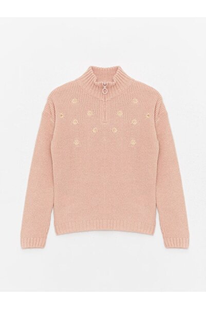 LC Waikiki LCW Kids Yarım Balıkçı Yaka Nakışlı Uzun Kollu Kız Çocuk Triko Kazak