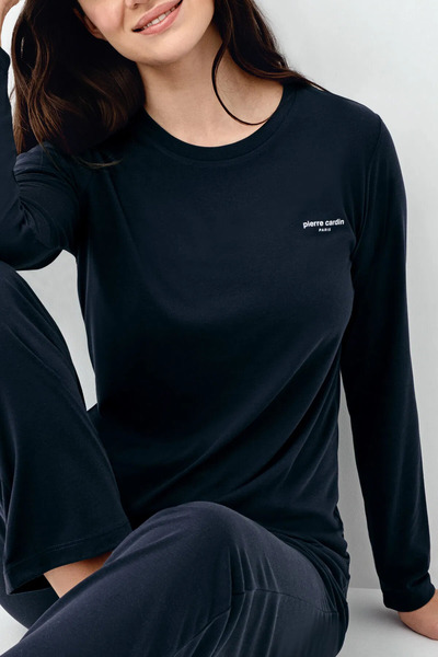Pierre Cardin Kadın Pijama Takımı, %50 Pamuk & %50 Modal, Uzun Kollu, Bisiklet Yaka, Cepli, Lacivert