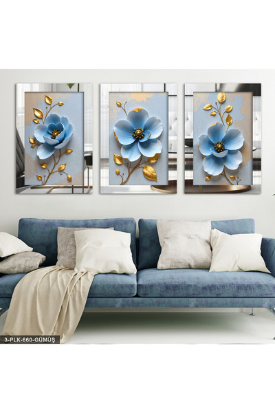 Evinemoda Mavi Çiçek Gold Yapraklı 3 Parça Gümüş Pleksi Aynalı Tablo