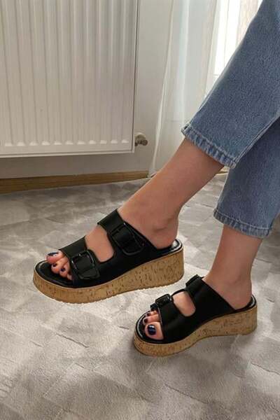 Les Passent Women's Black Double Strap Thick Cork Sole Orthopedic Sandals Slippers K-270