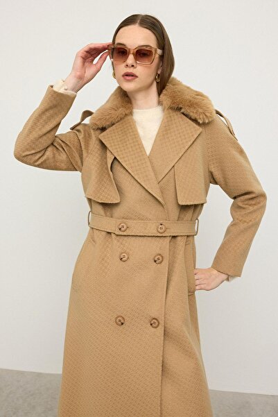 Olcay Limited Edition Coat with Removable Fur Self-Patterned Kamel 3127
