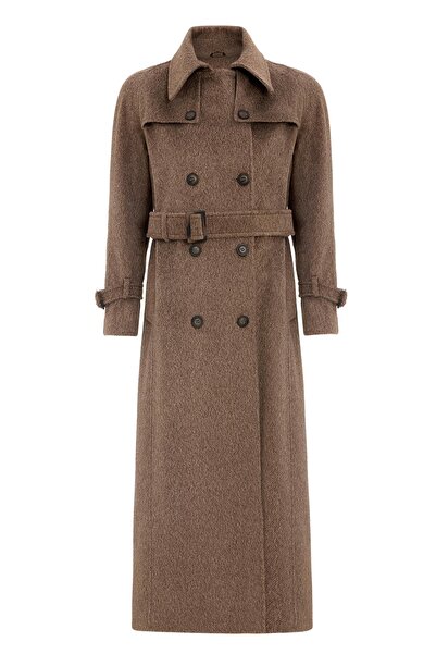 Olcay Reglan Sleeve Cape Detailed Long Moher Coat Latte 3144