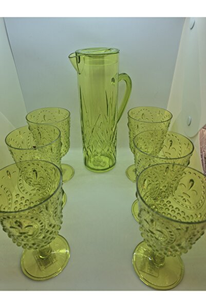 Mustran Pitcher and Glass Set Green Acrylic 1.5 L Patterned + 6-Piece 450 ml Stemmed Glasses Glass-Looking Dowry Set