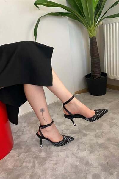 Les Passent Women's Black Satin Crystal Stone 9 cm Teardrop Detailed Thin Heeled Pointed Toe Open Back Stiletto