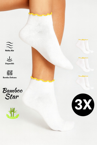 bamboo star Bamboo Women's Yellow Ruffled Booties Elasticless Seamless White Socks 3 Pack