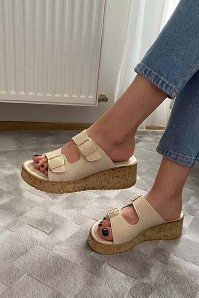 Les Passent Women's Beige Double Strap Thick Cork Sole Orthopedic Sandals Slippers K-270