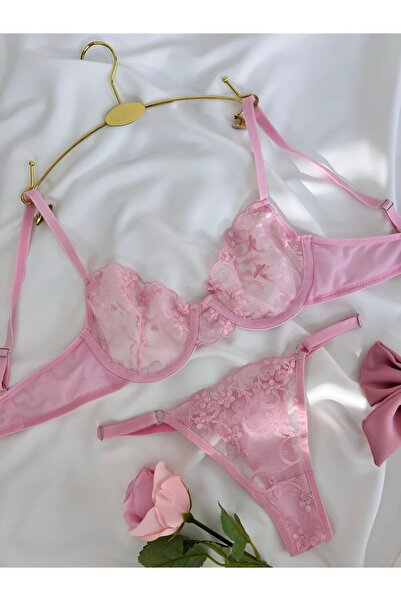 Amelia Paris Lingerie Çiçek Desenli Tek Renk Balenli Kapsız Sütyen Tanga Brod...