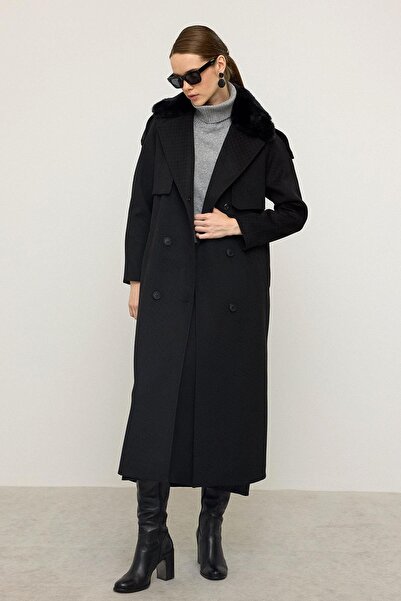 Olcay Limited Edition Coat with Removable Fur Self-Patterned Black 3127