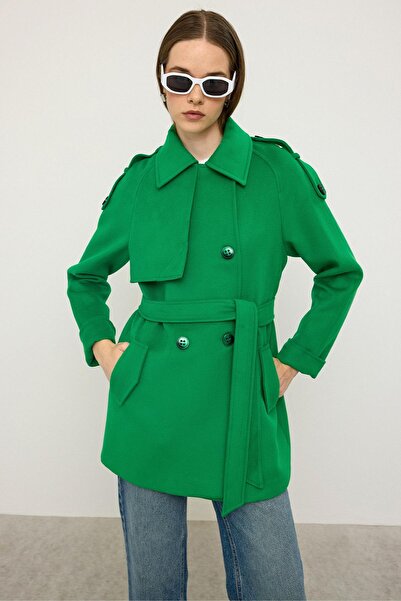 Olcay Reglan Sleeve Epaulet and Cape Detailed Cashmere Coat Light Green 3131