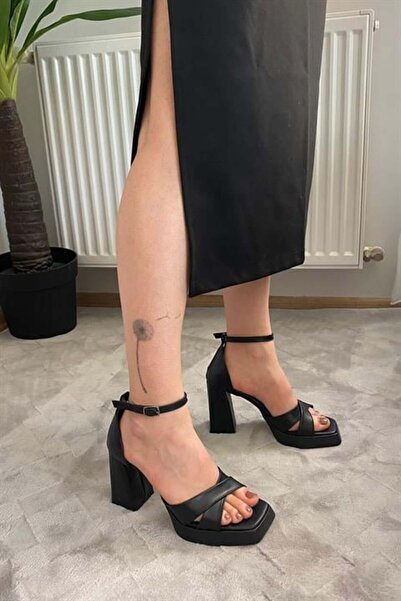 Les Passent Women's Black Leather Cross-Strapped 10 cm Platform Heeled Shoes