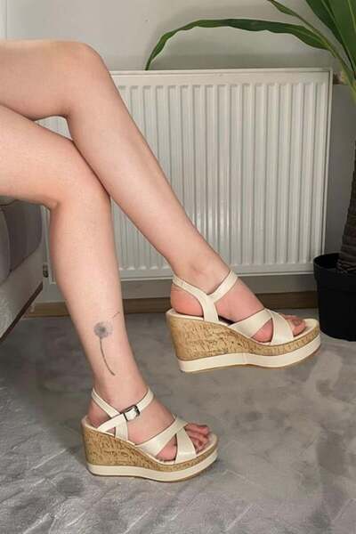 Les Passent Women's Beige Leather Cross Strap Wedge Sole Shoes