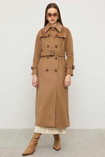 Olcay Reglan Sleeve Cape Detailed Long Moher Coat Kamel 3144