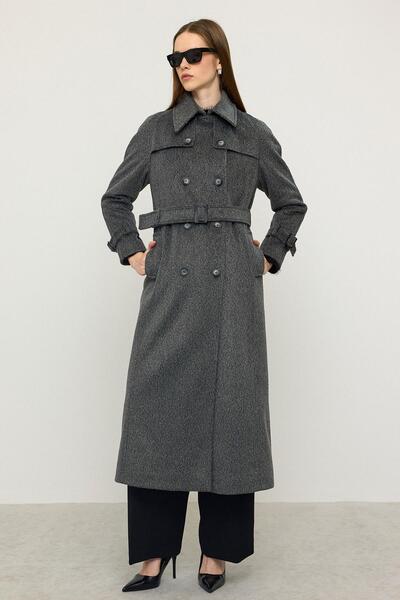 Olcay Reglan Sleeve Cape Detailed Long Moher Coat Anthracite 3144