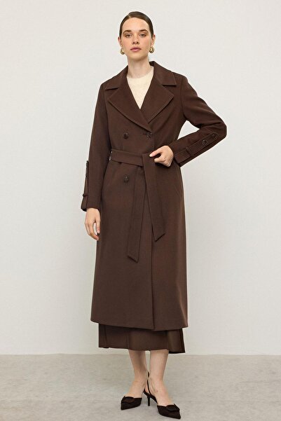 Olcay Knitted Stitch Detailed Self-Patterned Limited Edition Coat Brown 3134