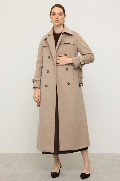 Olcay Reglan Sleeve Cape Detailed Long Moher Coat Kum 3144