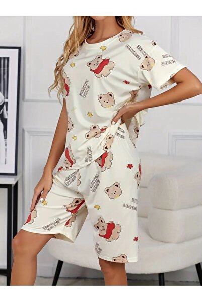 Blizard Krem Pamuklu Ayıcık Baskılı Şortlu Pijama Takımı
