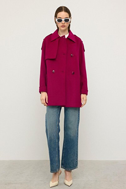 Olcay Reglan Sleeve Epaulet and Cape Detailed Cashmere Coat Fuchia 3131