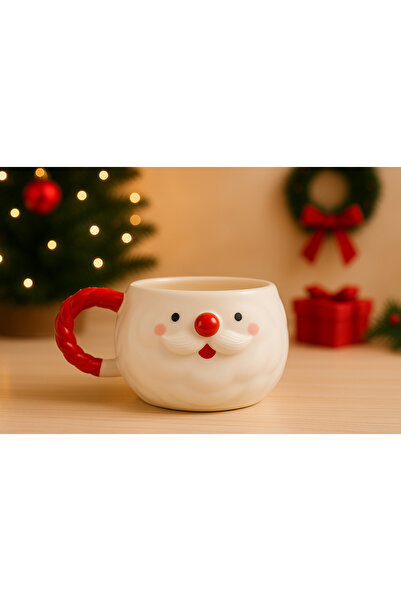 İZart Santa Claus Patterned Year-End Concept'L' Special Embossed Hand-Embroidered Ceramic Mug