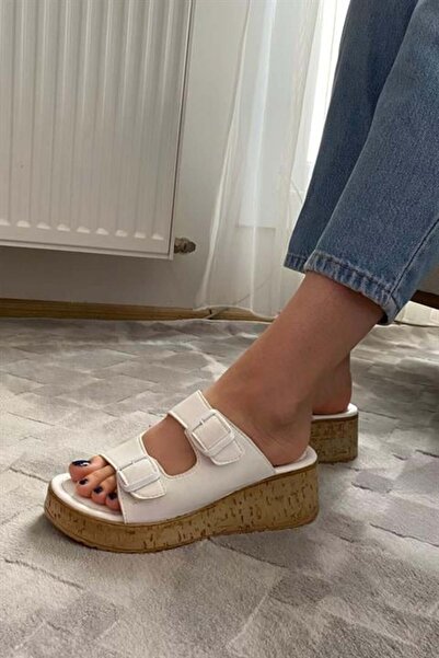 Les Passent Women's White Double Strap Thick Cork Sole Orthopedic Sandals Slippers K-270