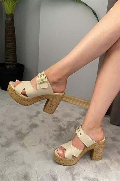 Les Passent Women's Cream Skin 10 cm Platform Heeled Cork Sole Slippers K-800