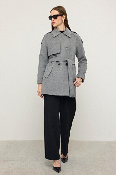 Olcay Reglan Sleeve Epaulet and Cape Detailed Cashmere Coat Gray 3131