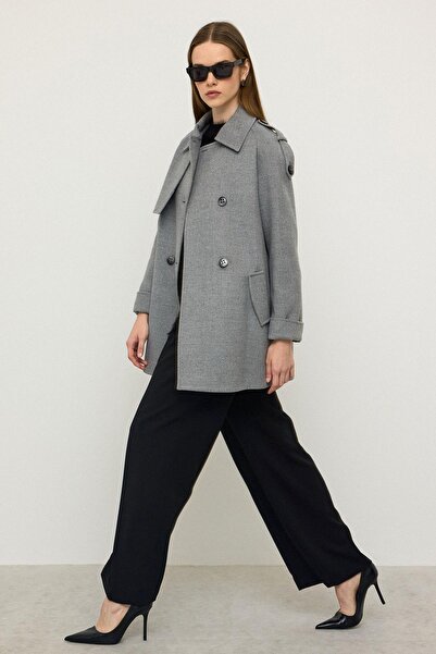 Olcay Reglan Sleeve Epaulet and Cape Detailed Cashmere Coat Gray 3131