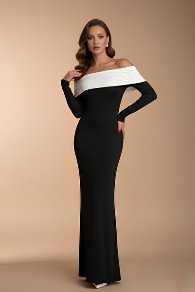 Denivy Body-Hugging Carmen Collar Long Evening Dress